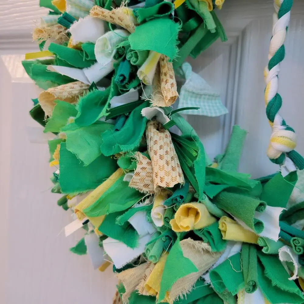 Handcrafted Upcycled Small Spring Fabric Wreath Green, Yellow, White, 14